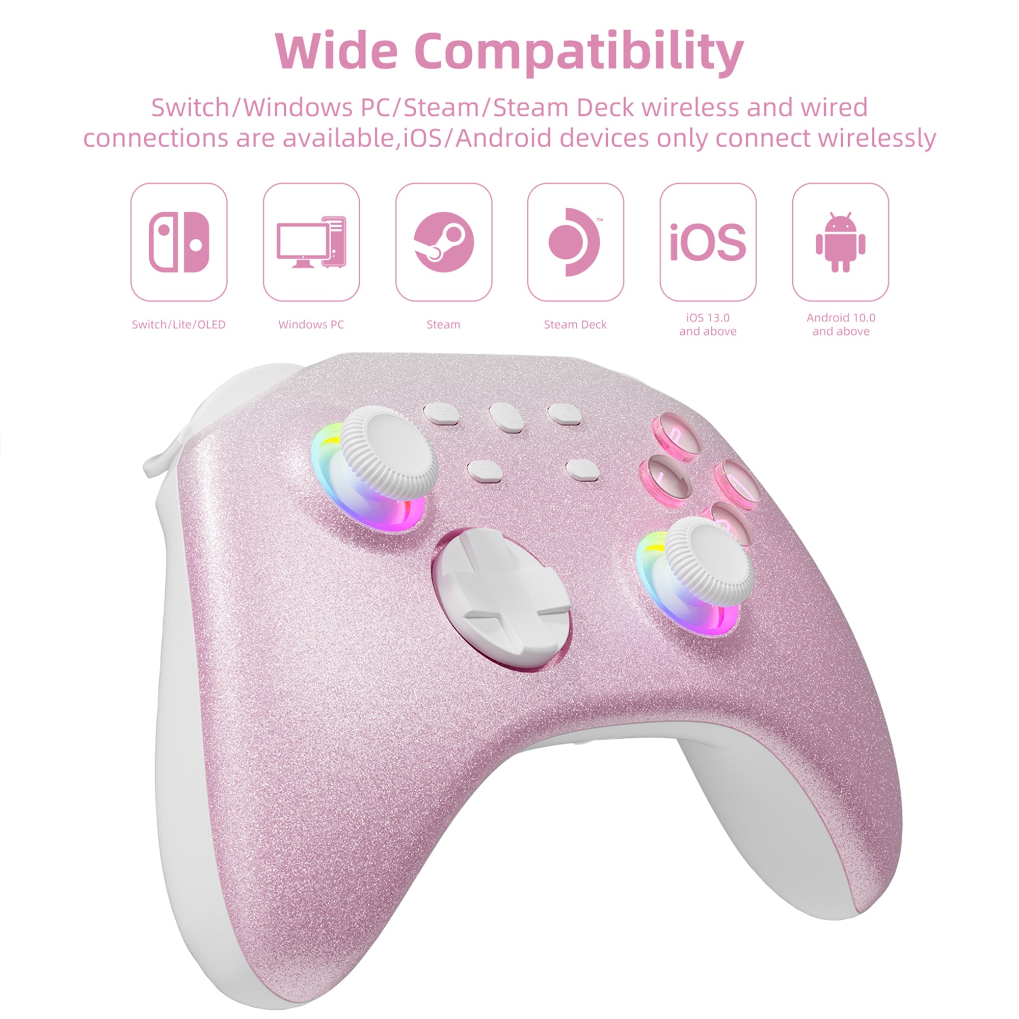 Mytrix Pink Glitter Gradient Wireless Pro RGB Controller with Programmable Back Buttons and Turbo, for Nintendo Switch, PC, Android & iOS Mytrix Pink Glitter Gradient Wireless Pro RGB Controller with Programmable Back Buttons and Turbo, for Nintendo Switch, PC, Android & iOS